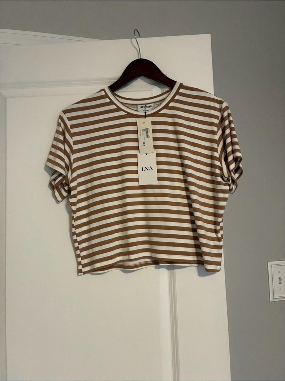 Evereve LNA Clothing Ava Tan/White Striped Tee